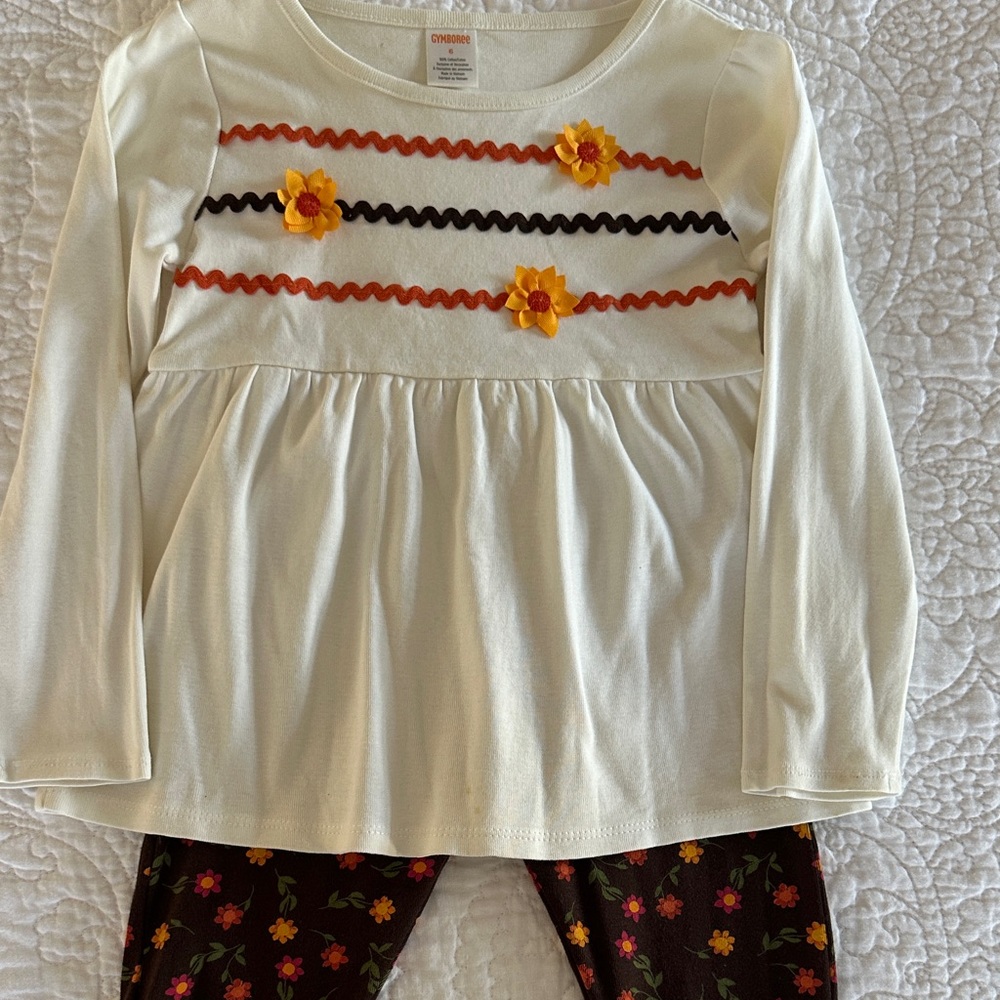 Gymboree Fall sunflower Cream Top with Floral Brown Leggings size 6